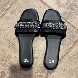 BP Black Sandals with Silver Chain Accent
